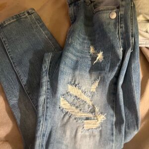 Blue Slim Straight Jeans with Distressed Details